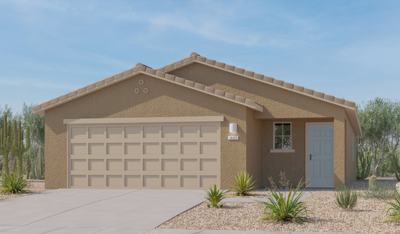 A single-story tan stucco house with a two-car garage, a light-colored front door, and a desert landscape featuring gravel, cacti, and small plants under a blue sky.