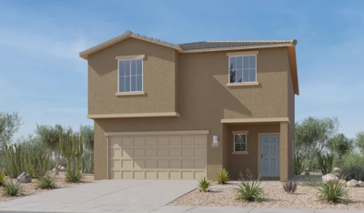 A modern two-story tan house with a double garage and light blue front door, surrounded by desert landscaping with rocks and drought-tolerant plants under a clear blue sky.