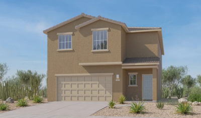 A two-story tan stucco house with a two-car garage, white trim, and a small front yard landscaped with desert plants and gravel, set under a clear blue sky.