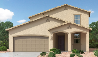 A two-story beige stucco house with a tiled roof, double garage, arched entryway, and front yard with desert landscaping and small shrubs under a blue sky.