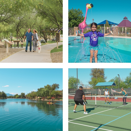 A collage of four images: a family walking a dog on a park path, a young girl playing in a pool with a flamingo fountain, a serene lake with trees, and four people playing tennis on an outdoor court.
