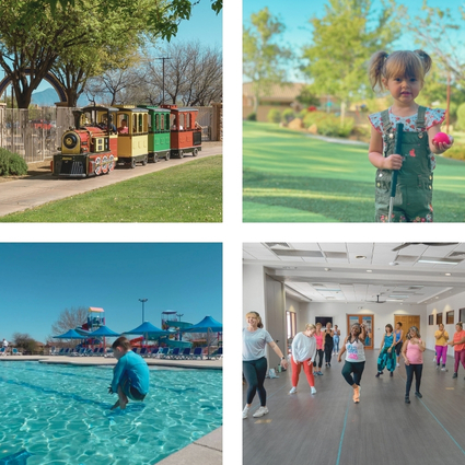 A collage of four photos: a colorful mini train outdoors, a young girl holding a golf club on green grass, a boy sitting by a pool, and a group of kids dancing in a bright indoor studio.