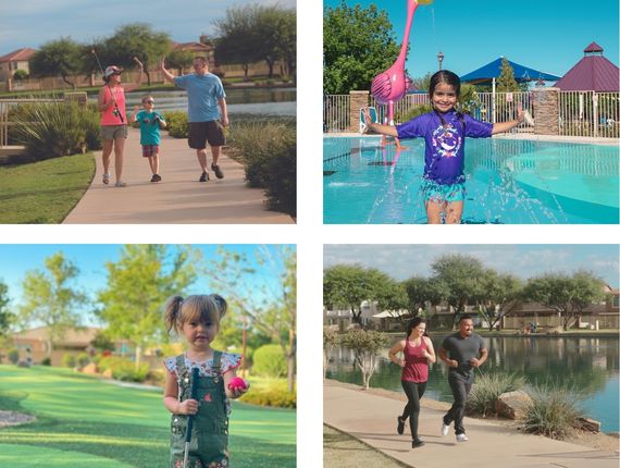 A collage of four images: a family walking a dog on a park path, a young girl playing in a pool with a flamingo fountain, a serene lake with trees, and four people playing tennis on an outdoor court.