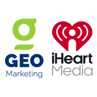 Logos of GEO Marketing on the left, with a green "g" above blue text, and iHeart Media on the right, featuring a red heart-shaped icon above black and gray text—perfect for promoting your next lakeside run.