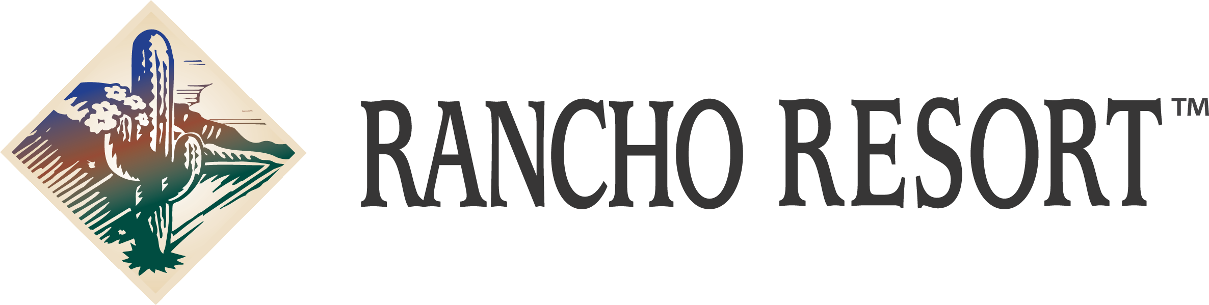 A logo with a stylized desert scene featuring a cactus and mountains inside a diamond shape, next to the text "RANCHO RESORT™" in bold, uppercase letters.