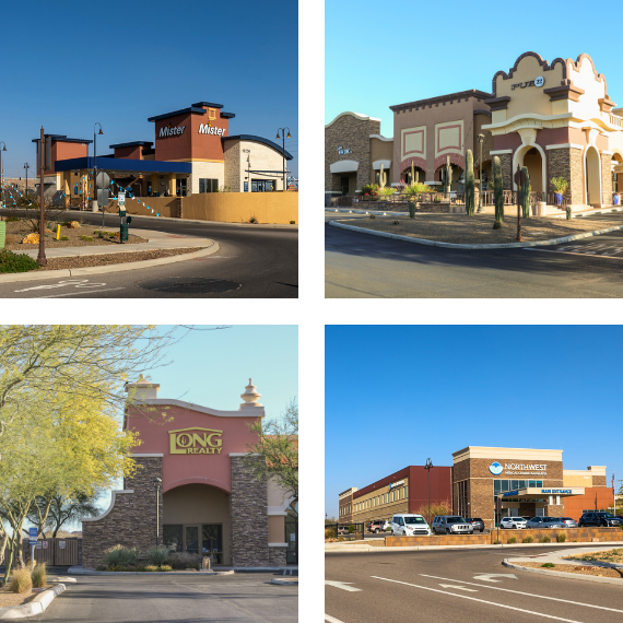A collage of four commercial buildings, each in a sunny setting: a Mister Car Wash, a strip mall with arches, a Long Realty office, and a Northwest Medical Center. All buildings feature modern southwestern architecture.