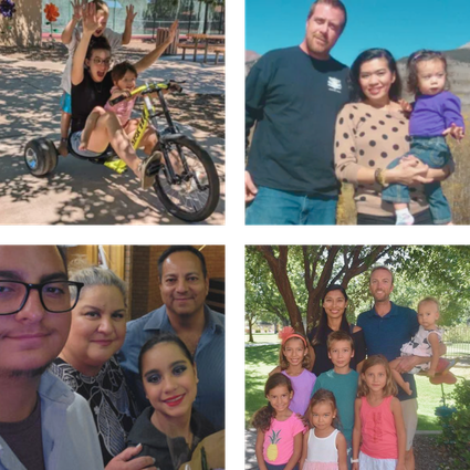 A collage of four family photos: one with two kids riding a tricycle, another of a family of three outdoors, a group selfie of four indoors, and a family of seven posing under a tree.