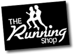 Logo for "The Running Shop" featuring white silhouettes of a man and woman enjoying a lakeside run above the stylized text on a black rectangular background.