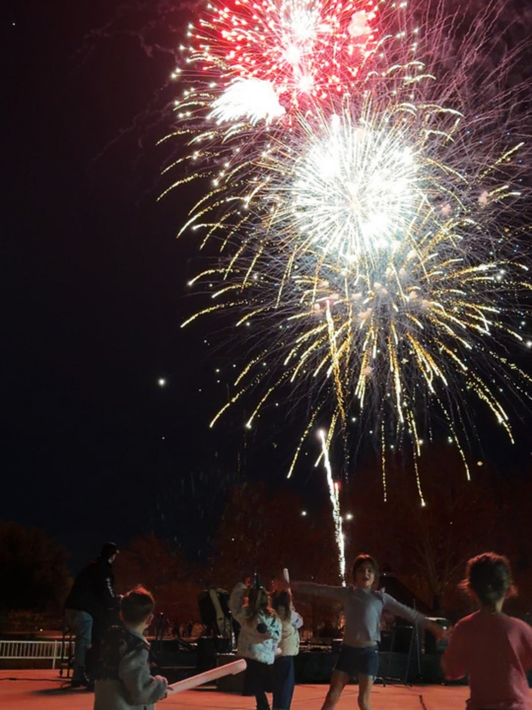 Children watch and celebrate as bright, colorful fireworks light up the night sky above an outdoor area, with adults and trees visible in the background.