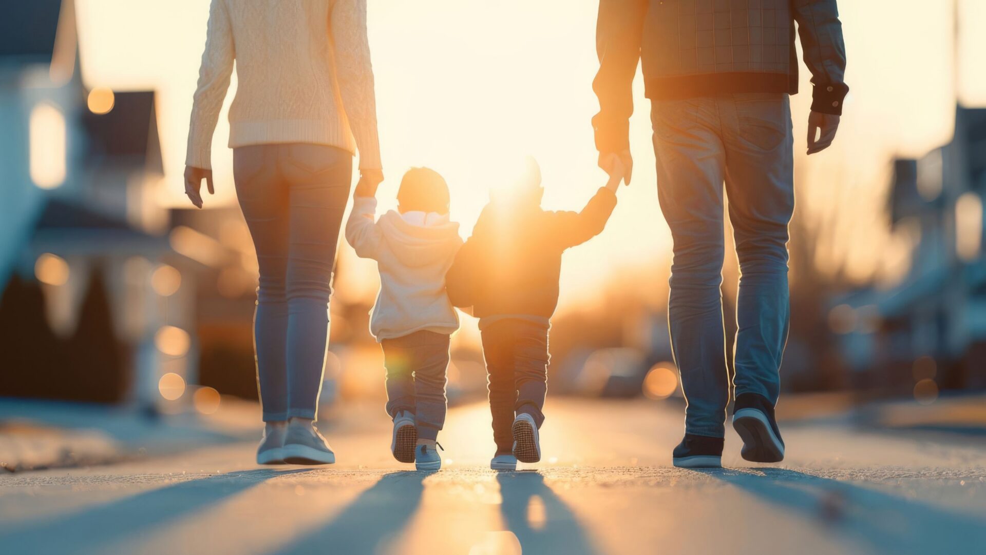 New Homes at Entrada Del Toro What to Know Before You Visit Family of four walking hand in hand through a residential neighborhood at sunset, with two young children between their parents.